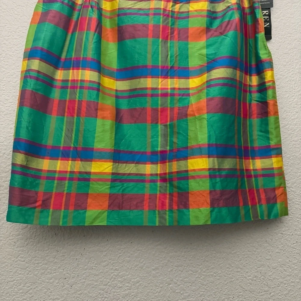 Ralph Lauren Barbados 100% Silk Green Plaid Mini Skirt Size 12 Petite NWT